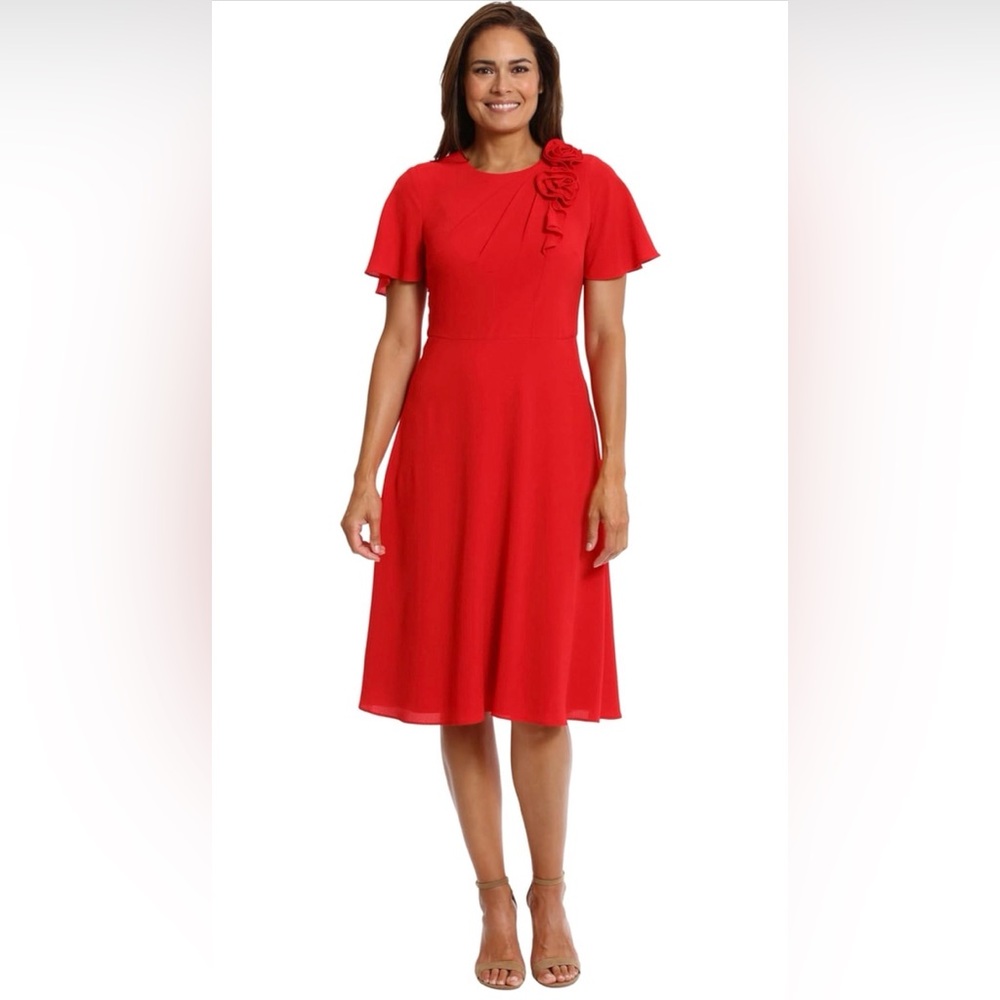 London Times Rosette Flutter Sleeve Fit and Flare Duchess